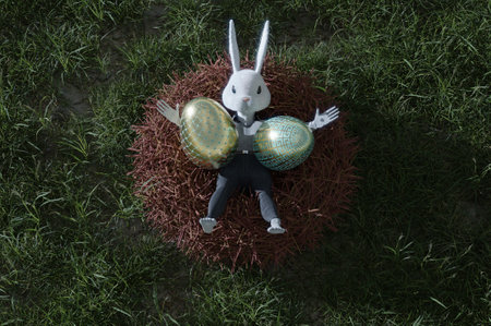 3D Illustration , Happy Easter greeting template or copy space. Cute cartoon rabbit on nest
