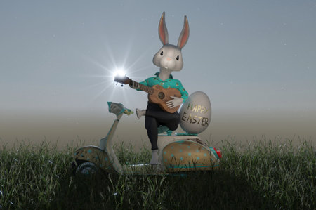 3D Illustration , Happy Easter greeting template or copy space. Cute cartoon rabbit with riding scooter delivering Easter eggsの写真素材