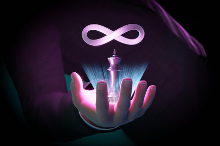 Business man Hand touch metaverse infinite loop and king chess . unlimited technology futuristic...