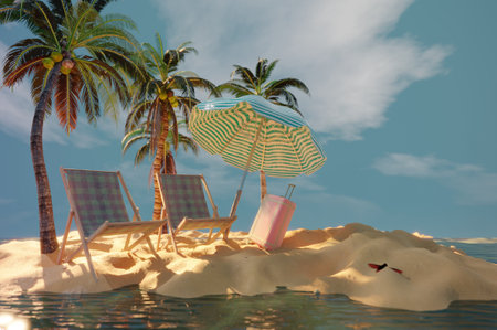 3d refreshing summer sale template. Composition of cute beach object and sand beach. Concept of island vacation.の写真素材