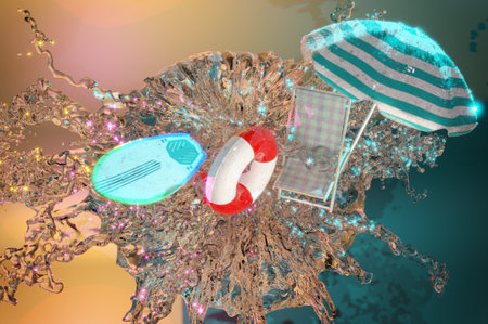 3D Illustration ,Summer travel poster banner display podium with sand and summer beach scene design backgroundの写真素材