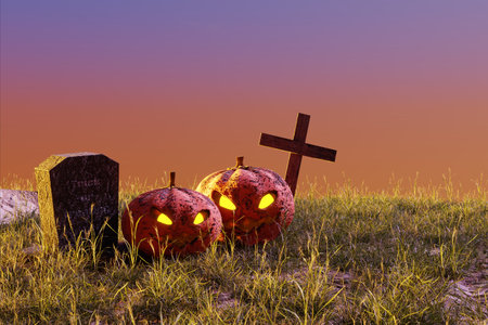 Glowing Halloween pumpkins among the graves in the cemetery. Holiday event halloween concept.の写真素材