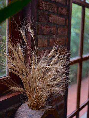 Vintage brick wall background, colorful empty wooden flower pots  in a coffee shop.の写真素材