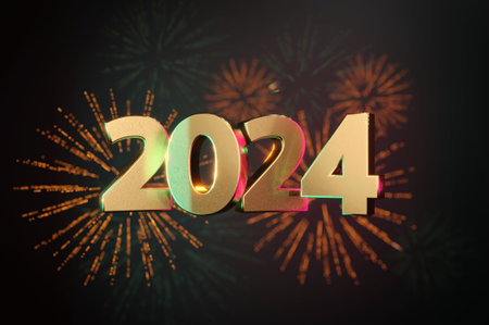 Happy new year 2014 with firework background, 3D illustration.の写真素材