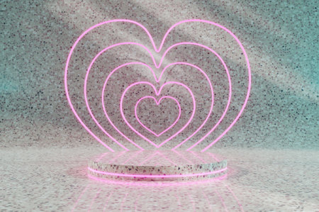 3D Illustration , Podium decoration with heart shape neon lighting. Pedestal scene background. Valentine's day background. Minimal style.の写真素材