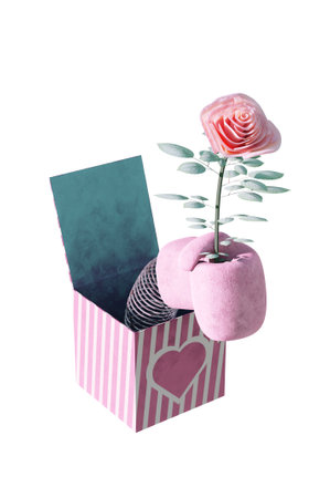 3D Illustration ,Composition design with open box with pink rose , icon and background for Mother's day and Valentine's Day.の写真素材