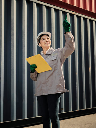 Portrait of asian woman worker holding clipboard and pointing with forefinger on shipping container...
