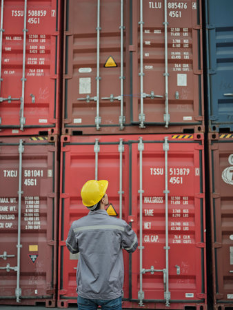 Portrait of engineer man wearing safety helmet while standing in front of container cargo freight...