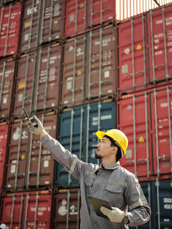 Asian worker wearing safety helmet and using walkie talkie in front of container cargo freight ship for Logistic Import Export background.の写真素材