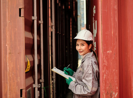 Portrait of asian woman worker holding clipboard and pointing with forefinger on shipping container backgroundの写真素材