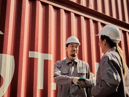 Portrait of Asian engineer and worker wearing safety helmet and safety gloves standing in front of container cargo ship.の写真素材