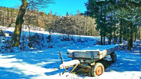Trailer in the snow at the edge of the forestの写真素材