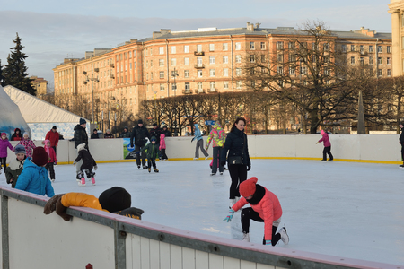 ST.PETERSBURG, RUSSIA - MARCH 13, 2016: An outdoor artificial ice rink at Moscow square on the celebration of Maslenitsa at Moscow squareのeditorial素材