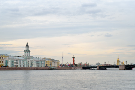 View onto the Neva river, the Kunstkamera, Rostral column and the Peter and Paul fortressの写真素材