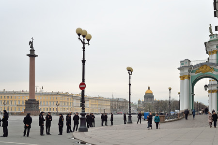 ST.PETERSBURG, RUSSIA - APRIL 28, 2016: The cordon at the Palace square in preparation for victory parade in St. Petersburg 2016-04-28のeditorial素材