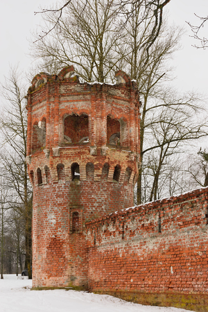Brick wall and Tower in the Feodorovsky village in Pushkin, Academic PR. 14, St. Petersburgの写真素材