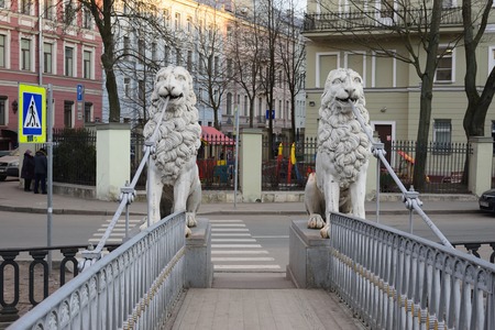 At Lion's bridge across the Griboyedov canal in St. Petersburgの写真素材