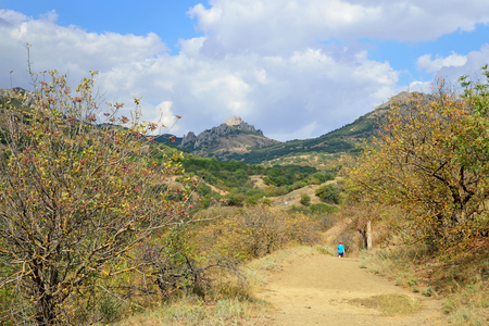 The boy is on the road in Karadag national nature reserve. Crimeaの写真素材