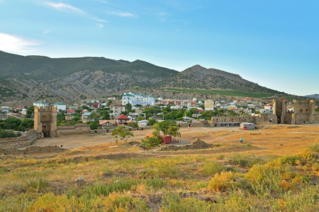 Panorama of Sudak from Genoese fortress in Sudak at sunset. Crimeaの写真素材