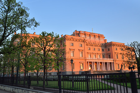 Mikhailovsky (engineers) castle from the Fontanka river at sunset  in Saint-Petersburgの写真素材