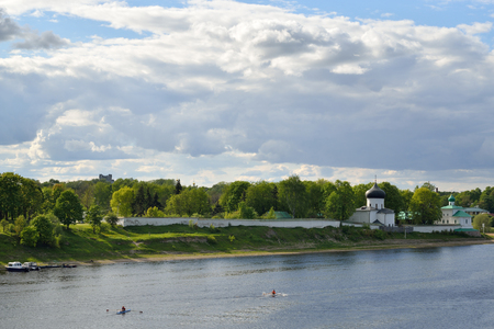 PSKOV, RUSSIA - MAY 17, 2016: View of the Spaso-Preobrazhenskiy Mirozhsky monastery on the banks of the great riverの写真素材