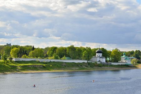 PSKOV, RUSSIA - MAY 17, 2016: View of the Spaso-Preobrazhenskiy Mirozhsky monastery on the banks of the great riverの写真素材