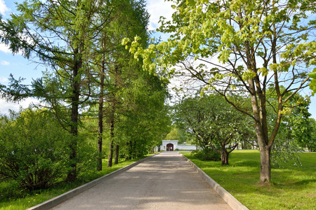 PSKOV, RUSSIA - MAY 17, 2016: Alley in the Holy Transfiguration Mirozh monasteryの写真素材