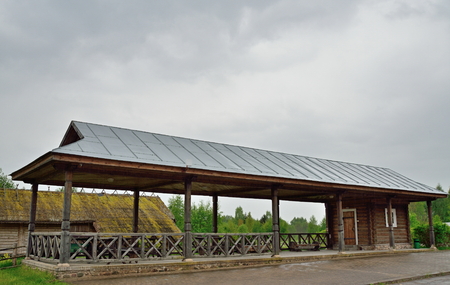 An open wooden terrace in the Pushkin Mikhailovskoe summer cloudy dayの写真素材