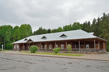 Administrative timbered building in the Pushkin Mikhailovskoe summer cloudy dayの写真素材
