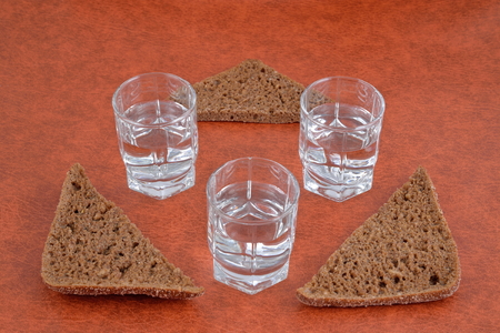 Shots of vodka and pieces of black bread on the table.の写真素材