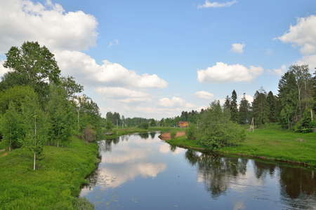 Landscape on the river Oredezh at Vyritsa in the summerの写真素材