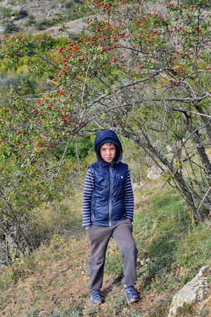 Tired and unhappy boy under the wild rose Bush in the mountains. Crimeaの写真素材