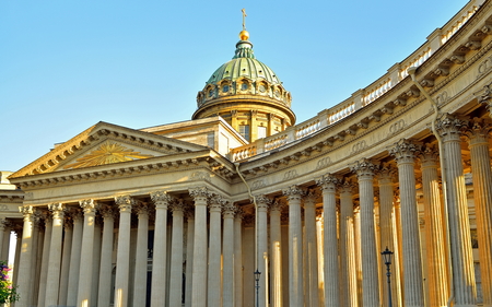 The dome and colonnade of the Kazan Cathedral lit by the sunの写真素材