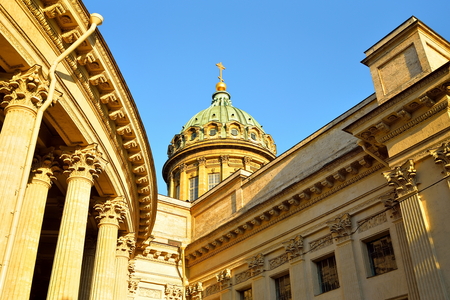 The dome and columns of the Kazan Cathedral in the sun on a summer sky backgroundの写真素材