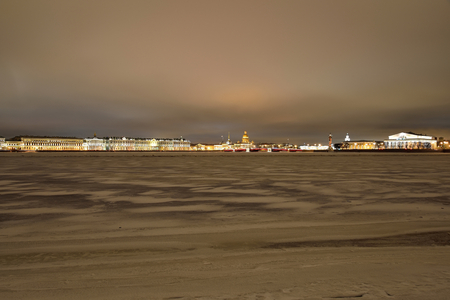Panorama of the Palace embankment and the spit of Vasilyevsky island winter night in Saint Petersburgの写真素材