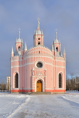 Snow-covered area in front of Chesme Church on a Sunny day in winterの写真素材