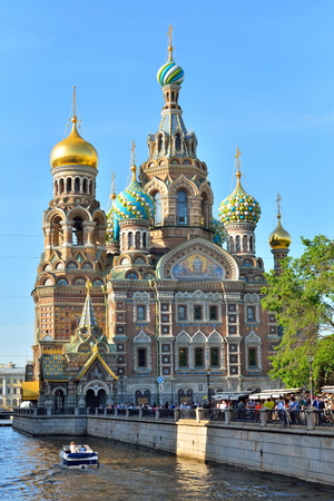 Orthodox Cathedral of the Savior on Blood and the boat on the canalの写真素材