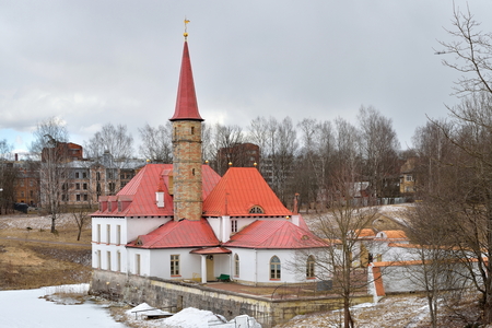 The view from the hill to the Priory Palace in cloudy weather in Gatchina.の写真素材