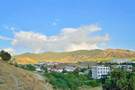 Panorama of Sudak from Genoese fortress in Sudak at sunset. Crimea. Sudakの写真素材