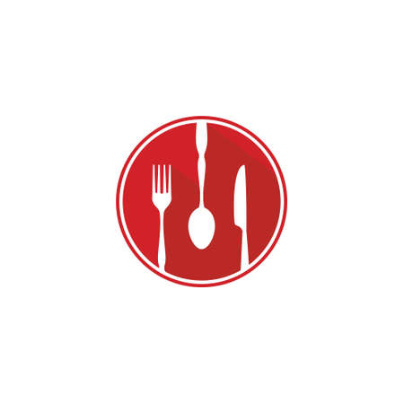 Spoon, fork, knife in red round plate logo vector restaurant inspirationのイラスト素材