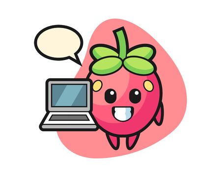 Strawberry cartoon with a laptopのイラスト素材
