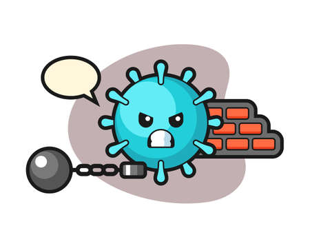 Virus cartoon as a prisoner, cute style mascot character for t shirt, sticker design, logo elementのイラスト素材