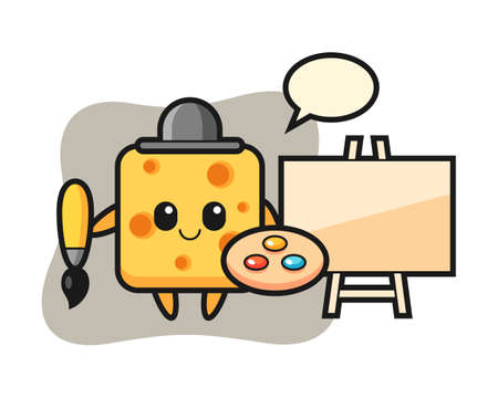 Illustration of cheese mascot as a painter, cute style design for t shirt, sticker, logo elementのイラスト素材