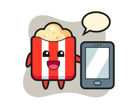 Popcorn mascot illustration holding a smartphone, cute style design for t shirt, sticker, logo elementのイラスト素材