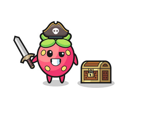 the strawberry pirate character holding sword beside a treasure box , cute style design for t shirt, sticker, logo elementのイラスト素材