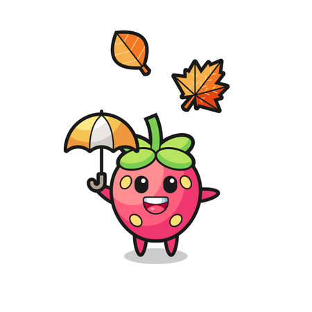 cartoon of the cute strawberry holding an umbrella in autumn , cute style design for t shirt, sticker, logo elementのイラスト素材