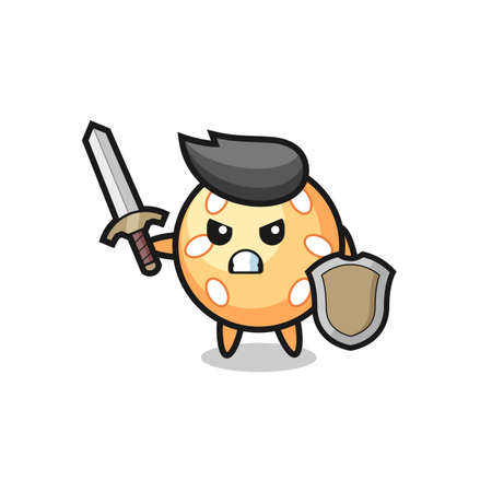 cute sesame ball soldier fighting with sword and shield , cute style design for t shirt, sticker,  elementのイラスト素材