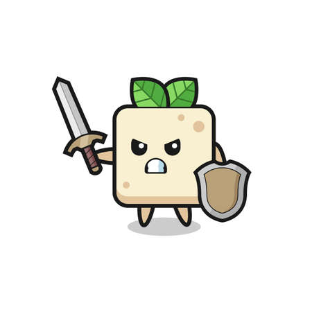 cute tofu soldier fighting with sword and shield , cute style design for t shirt, sticker, logo elementのイラスト素材