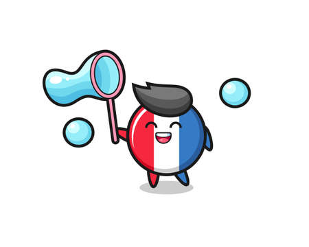 happy france flag badge cartoon playing soap bubble , cute style design for t shirt, sticker, logo elementのイラスト素材