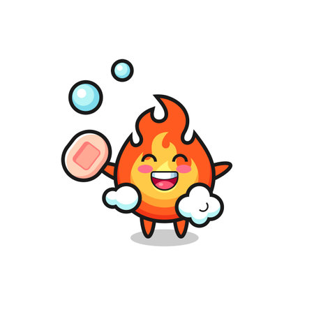 fire character is bathing while holding soap , cute style design for t shirt, sticker, logo elementのイラスト素材